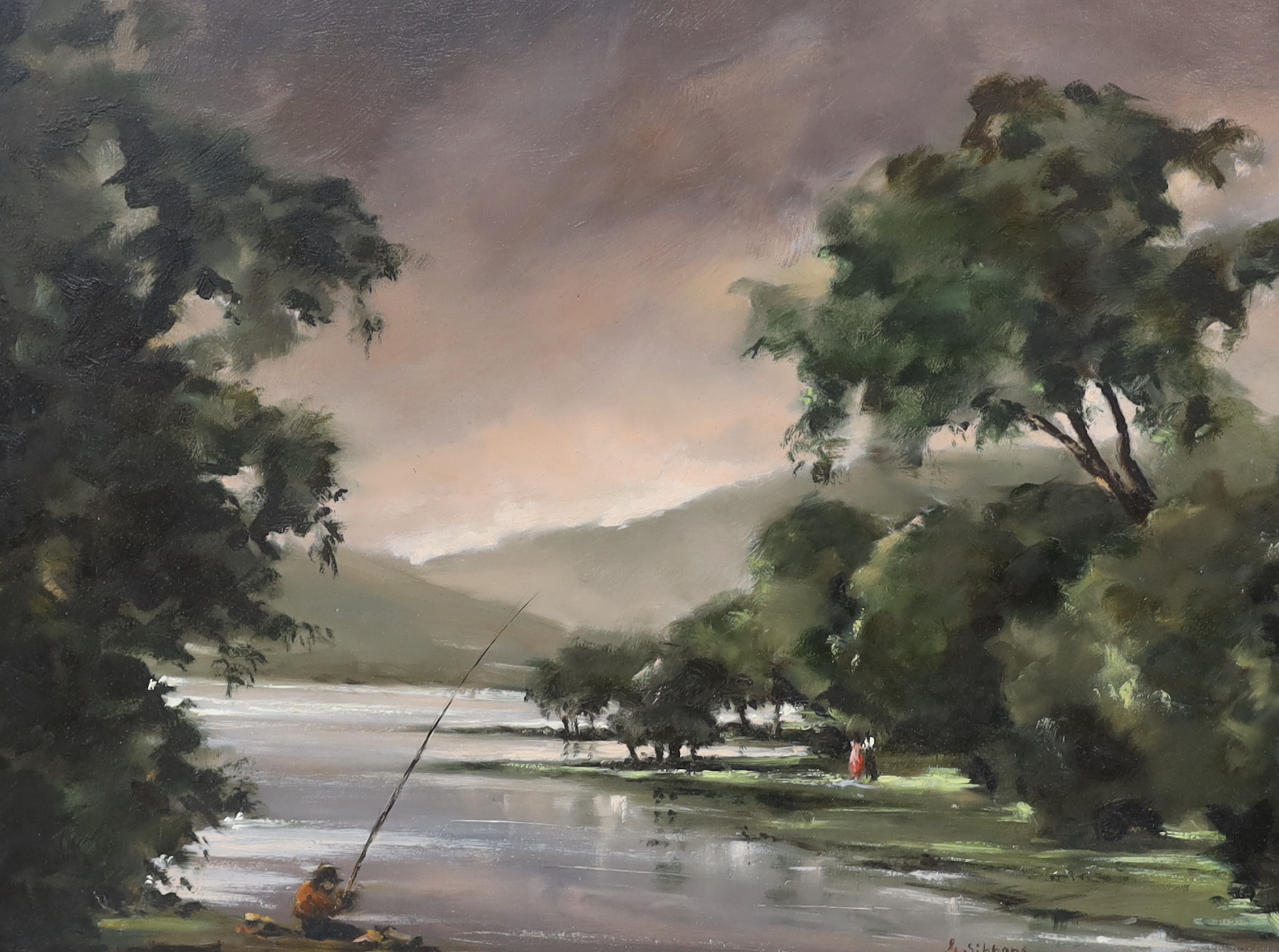 Gudrun Sibbons (b.1925), oil on board, River landscape with angler, signed, 29 x 39cm